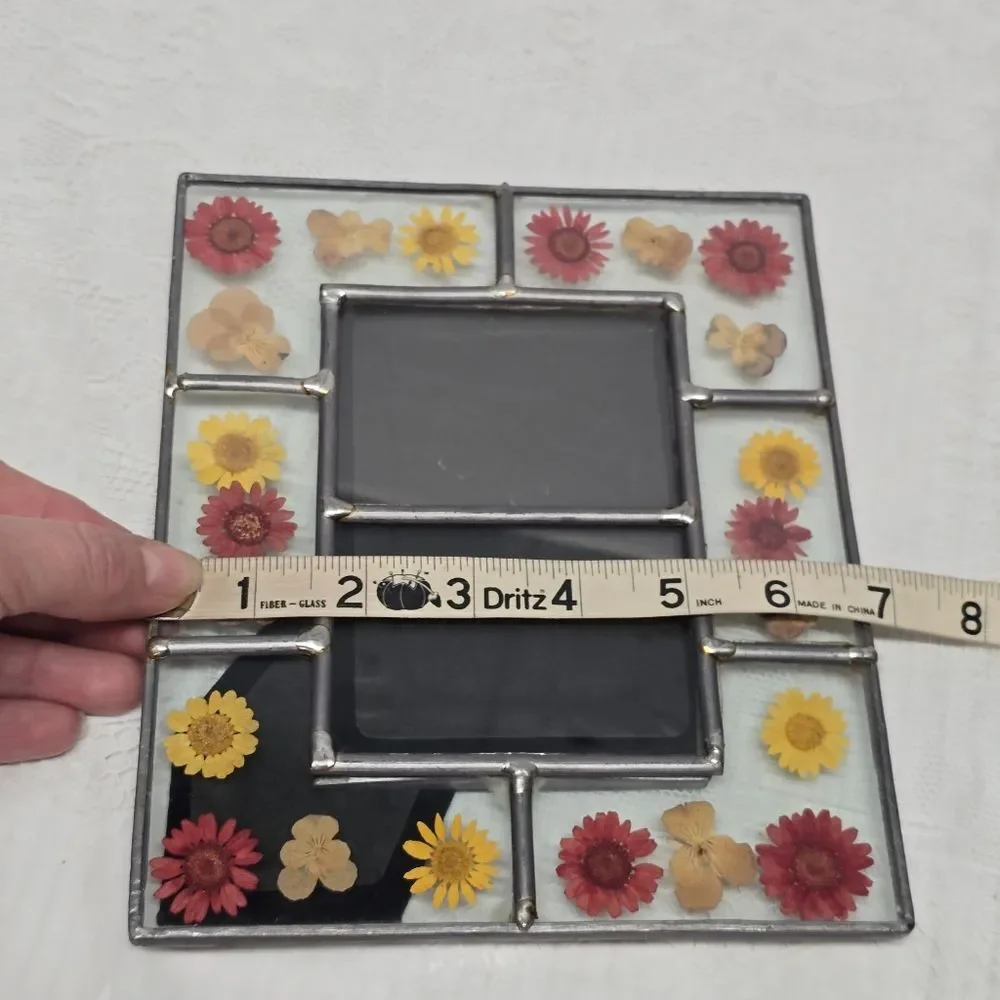 Vintage Stained Glass Pressed Dried Flowers  Picture Frame Cottage Summer Boho